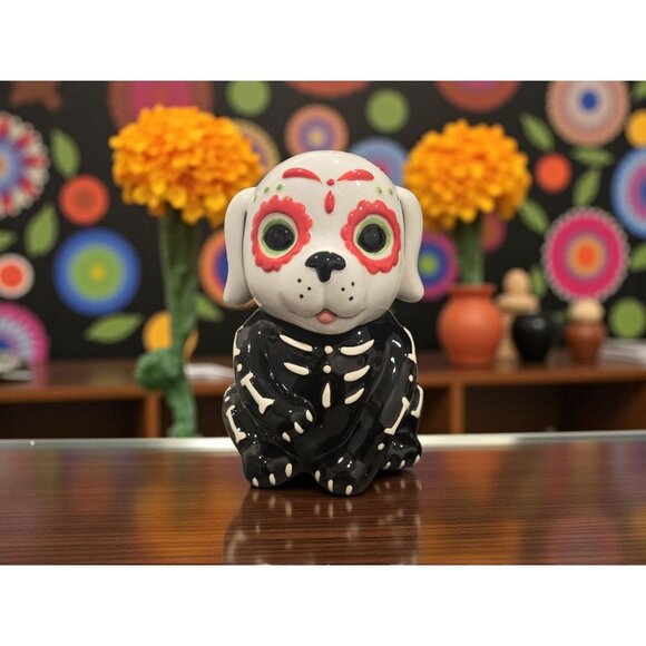 New Halloween Spooky Ceramic Day Of The Dead Dog Skeleton Cookie Jar Decorative - Picture 1 of 4